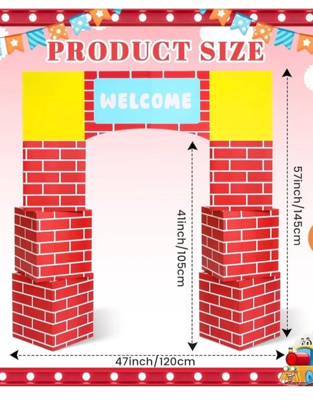 Red Brick Castle Arch Party Backdrop with Yellow Welcome Panel. Never opened